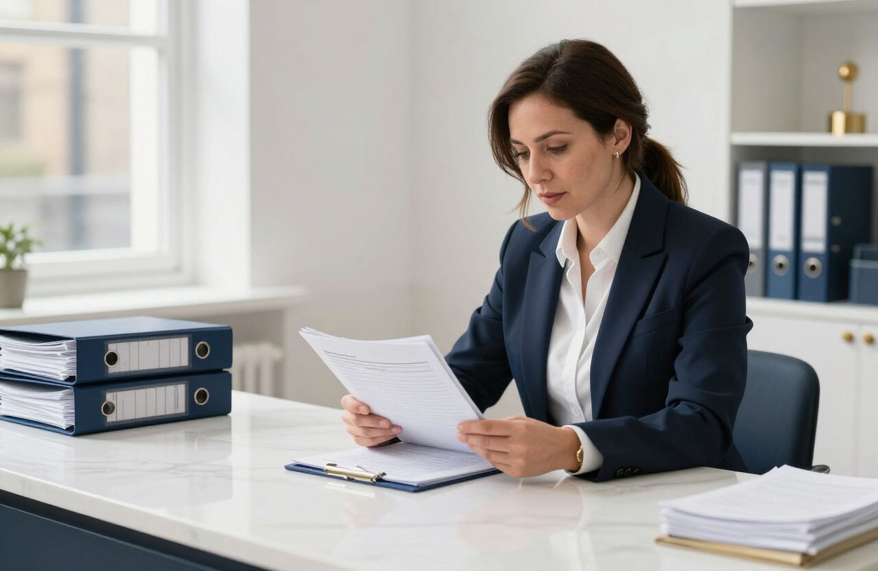 A consultant reviewing regulatory documentation in a refined office